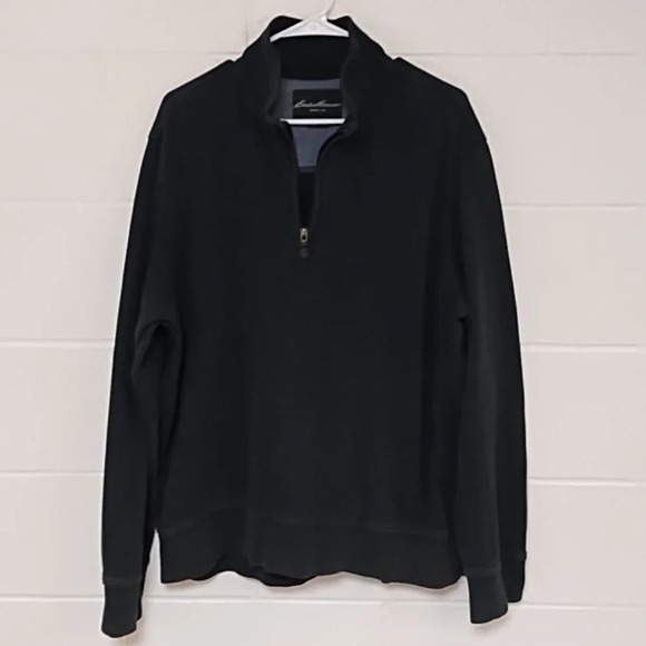 Eddie Bauer Forest Green XL 100% Heavy Cotton 1/4 Zip Shirt Leather Zipper Pull - Picture 1 of 9